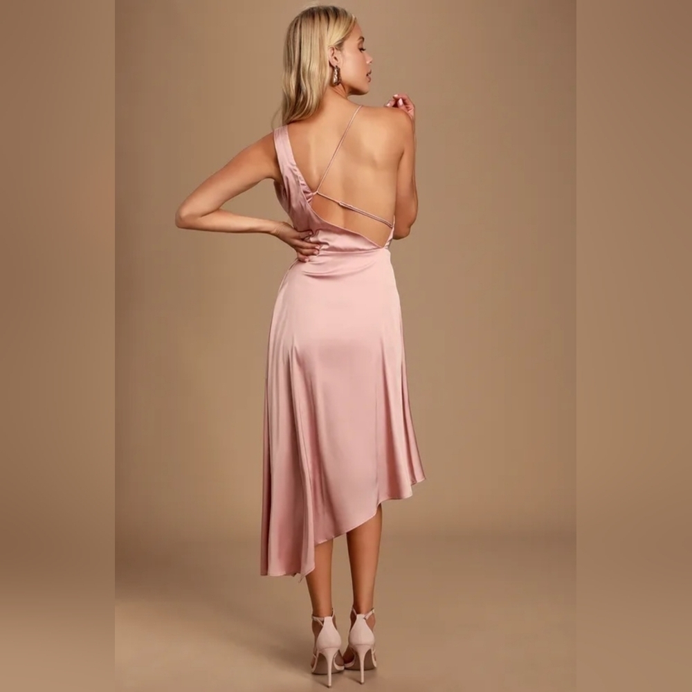 Lulu's Sereno Mauve Pink Satin Cowl Neck Asymmetrical Midi Dress, Size Medium - Picture 3 of 12